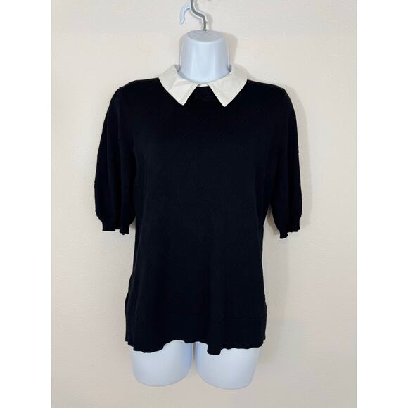 Cable & Gauge Black Knit Puff Sleeve Top with White Collar - Medium - Picture 1 of 7